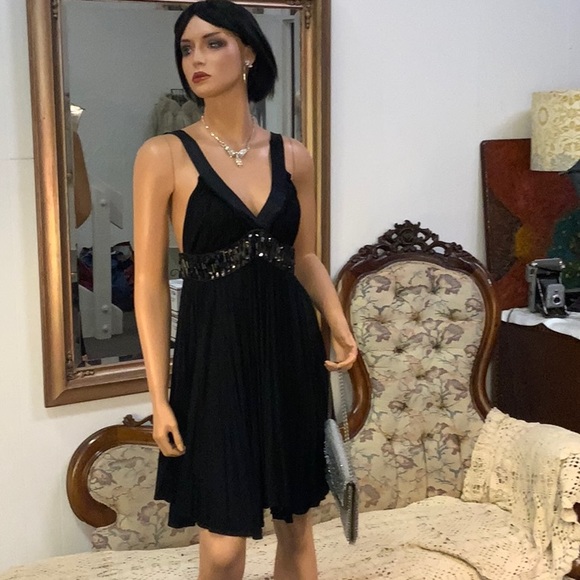 VINTAGE BLACK SEQUIN PLEATED DRESS EMPIRE WAIST SM - Picture 1 of 11